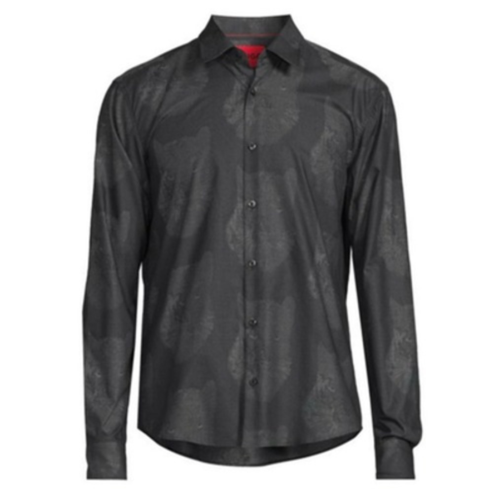 HUGO Button Up Shirt Mens XXL Gray Panther Cat Jacquard Long Sleeve Ermo‎